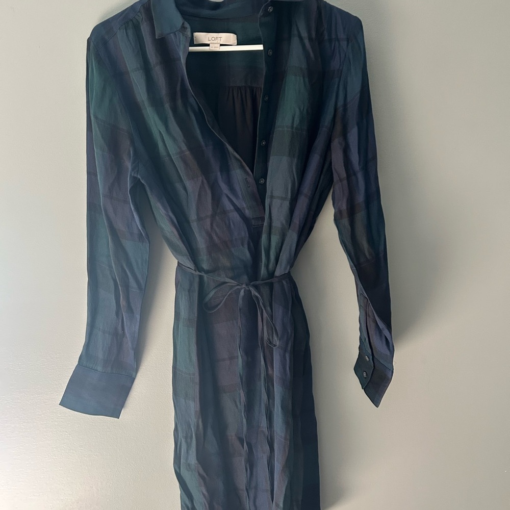 LOFT Long Sleeve Plaid Dress - Navy and Forest Green